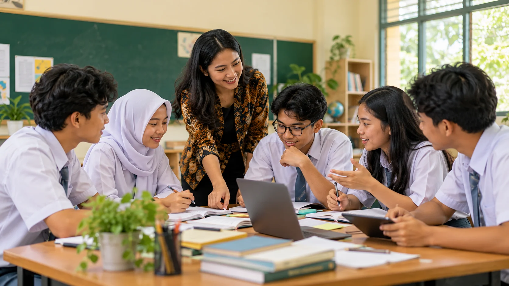 Guru mendampingi siswa belajar bersama