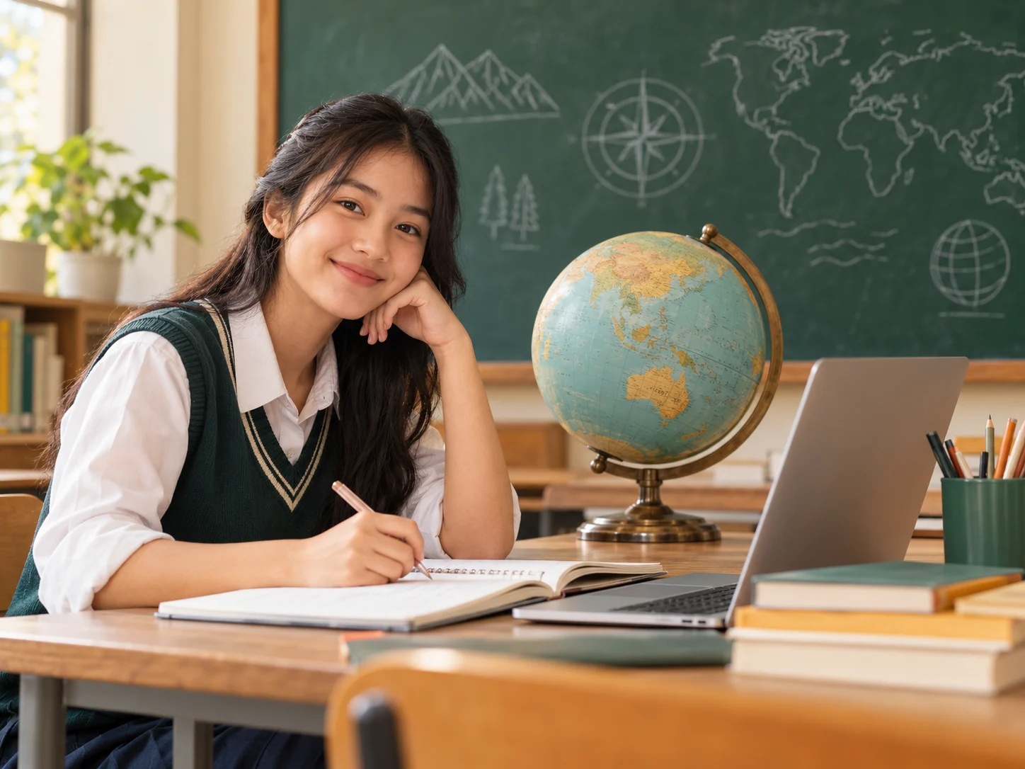 Murid belajar di meja dengan globe dan laptop