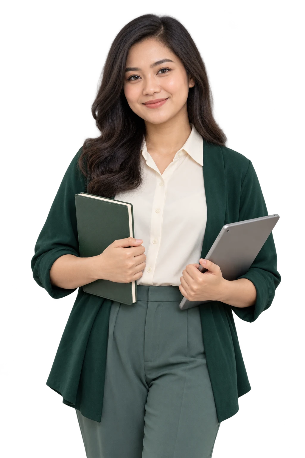 Pengajar memegang buku dan tablet
